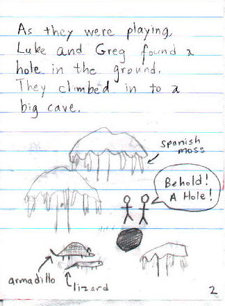** As they were playing, Luke and Greg found a hold in the ground.  They climbed in to a big cave. **